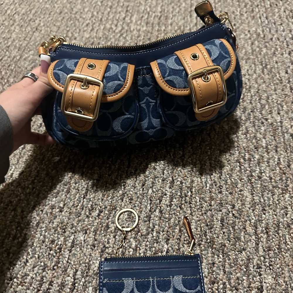 Coach Blue and Tan Shoulder Bag